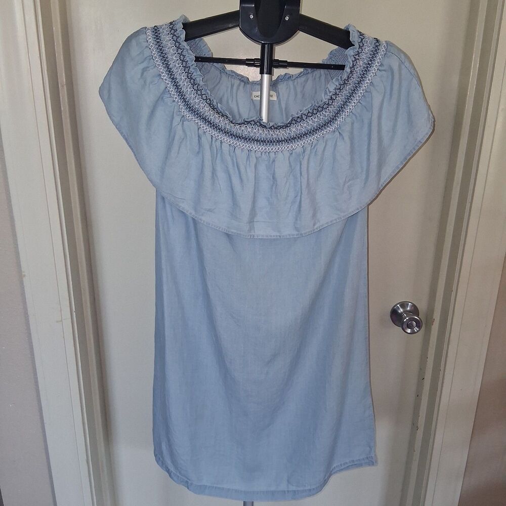 Cache Cache Blue Chambray Off Shoulder Smocked Ruffle Mini Shift Dress Euro 36/4 - Picture 1 of 11